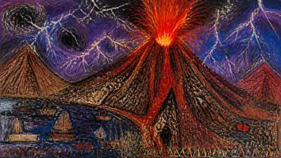 an erupting volcano with lightning strikes, dramatic wide composition, no text