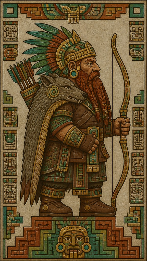 full-body original character: a dwarven ranger with a braided auburn beard, worn leather armor, a longbow and a wolf-pelt cloak, neutral background, no text