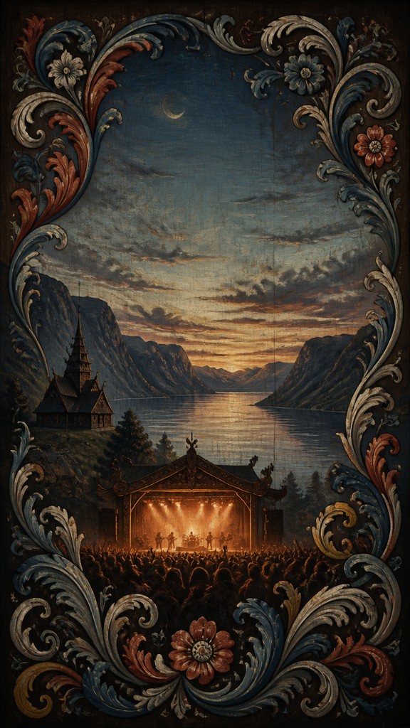 a live music scene with a glowing stage and silhouetted crowd, energetic vertical composition with open space at the top, no text