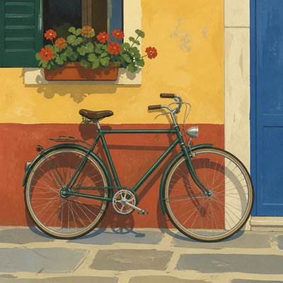 bicyle resting against a wall — Gouache Painting Style