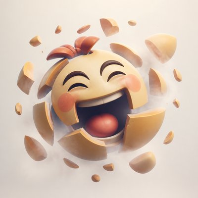 an exaggerated laughing face of an original round mascot character, bold and readable at small size, plain background, no text