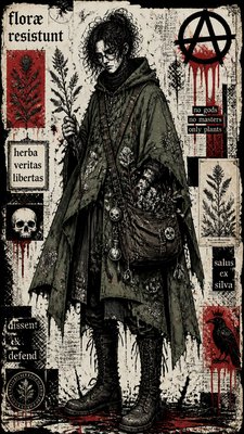 full-body original character: a wandering botanist with a satchel of plants, a patched green cloak, tall boots and round glasses, neutral background