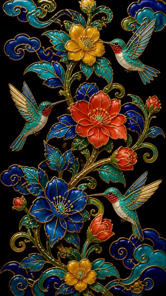 a climbing vine of flowers and hummingbirds on a dark background, tall wrapping composition, no text