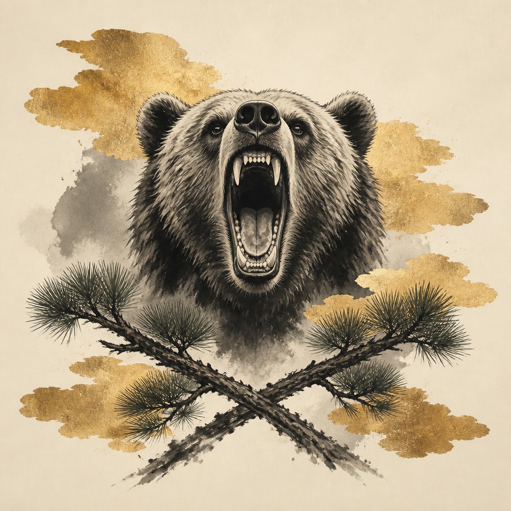 a roaring bear head above crossed pine branches, bold graphic composition on a plain background, no text
