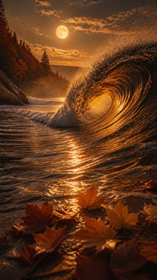 an ocean wave curling under moonlight, no people