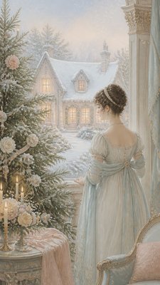 a snow-covered cottage with warm glowing windows beside a decorated pine tree, gentle snowfall, no text