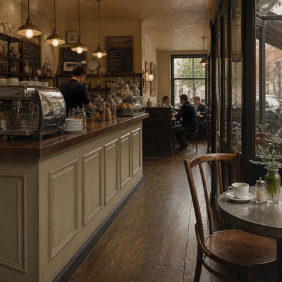 cozy cafe interior with warm lighting