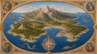a map of an island realm with mountains, forests, a sheltered bay, sea monsters in the water and a compass rose, no text labels