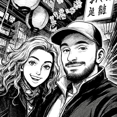 a black and white drawing of a man and a woman