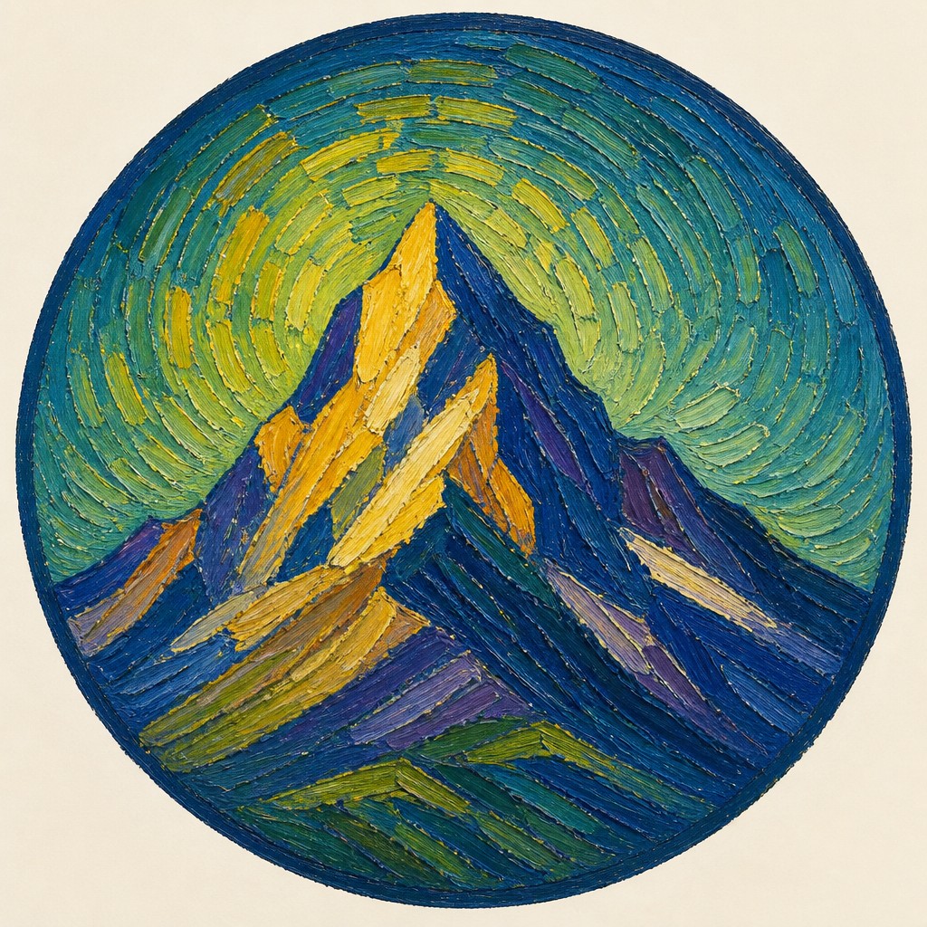 an emblem of a mountain peak inside a circle, simple bold shapes on a plain background, no text or lettering