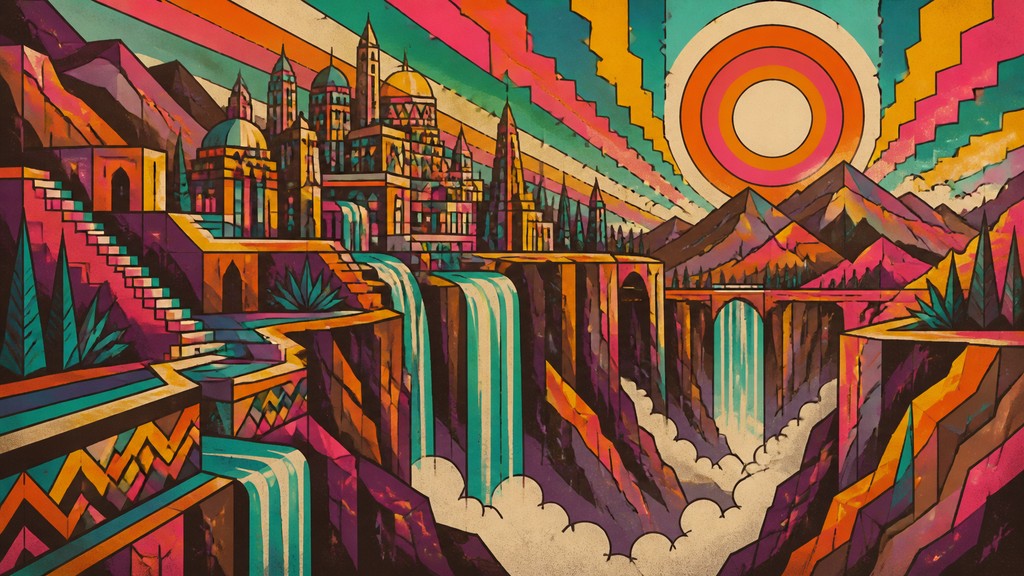 a cliffside city with waterfalls cascading into a misty canyon, wide establishing shot, no people, no text