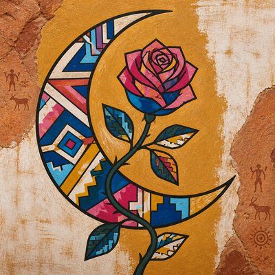 a rose entwined with a crescent moon, clean balanced composition on a plain background, no text