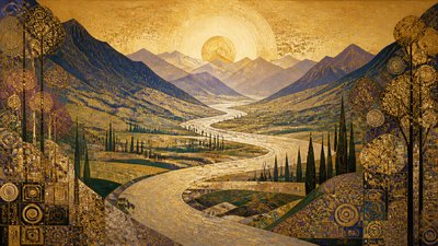 a vast valley with a river winding toward distant mountains at sunrise, no people, no text