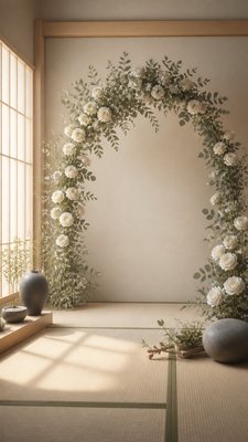 an arch of white roses and eucalyptus in soft morning light, elegant vertical composition with open space, no text