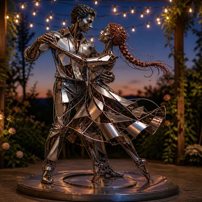 an original couple dancing under string lights in a garden at dusk: a man with short black hair in a linen shirt and a woman with braided red hair in a summer dress