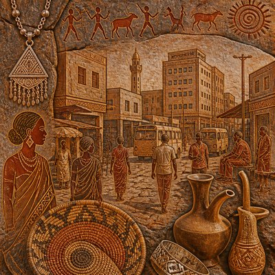 urban street with city activity — Djiboutian Art Style