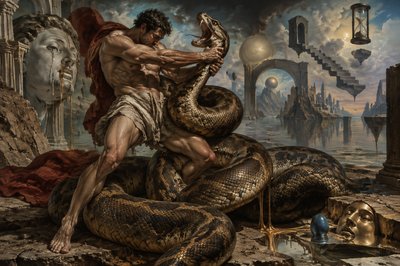 an ancient athlete fights a large python snake coiled up on the ground