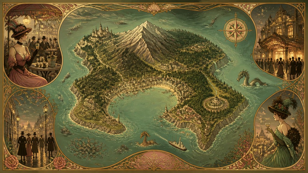a map of an island realm with mountains, forests, a sheltered bay, sea monsters in the water and a compass rose, no text labels