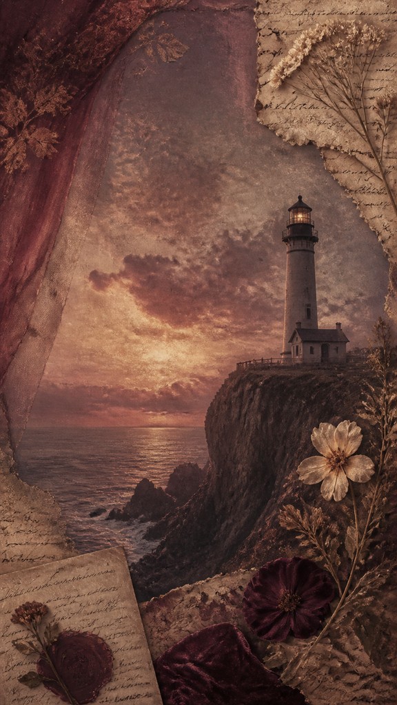 a lone lighthouse on a cliff at dusk under a dramatic sky, no text or lettering