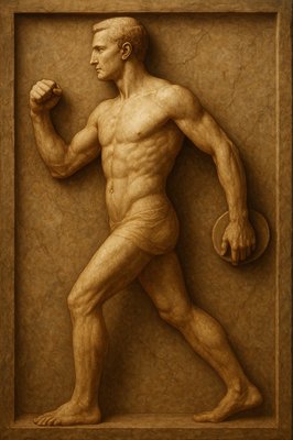 a statue of a man holding a disc