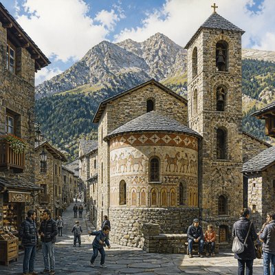 urban street with city activity — Andorran Art Style