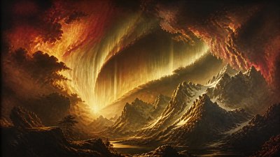 a flowing aurora over snowy peaks, wide sweeping composition, no people, no text