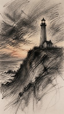 a lone lighthouse on a cliff at dusk under a dramatic sky, no text or lettering