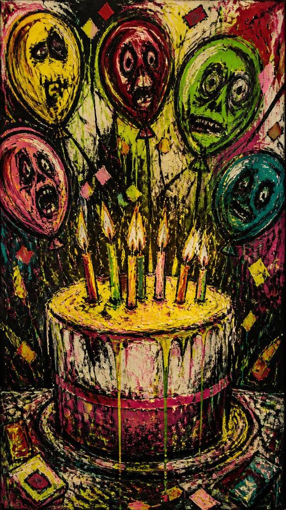 a birthday cake with lit candles surrounded by balloons and confetti, festive vertical composition, no text