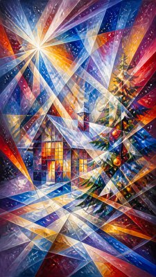 a snow-covered cottage with warm glowing windows beside a decorated pine tree, gentle snowfall, no text