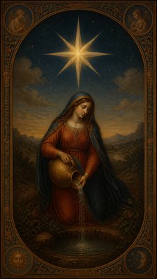 a robed figure pouring water beneath a large eight-pointed star in a night sky, symmetrical composition with an ornate decorative border, no text