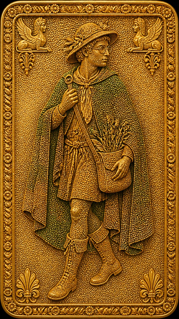 full-body original character: a wandering botanist with a satchel of plants, a patched green cloak, tall boots and round glasses, neutral background