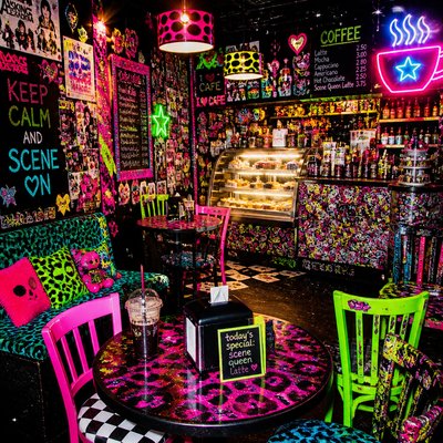 cozy cafe interior with warm lighting