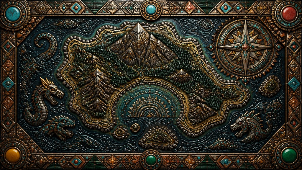 a map of an island realm with mountains, forests, a sheltered bay, sea monsters in the water and a compass rose, no text labels