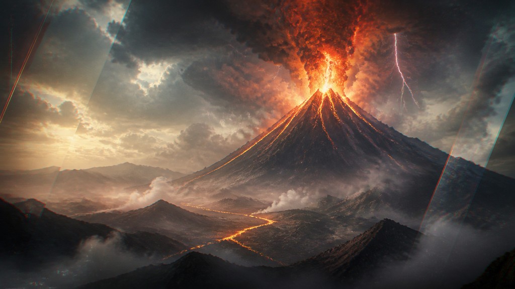 an erupting volcano with lightning strikes, dramatic wide composition, no text