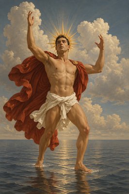 a painting of a man standing in the water