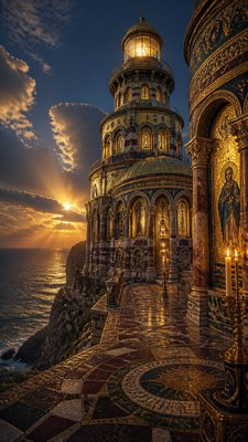 a lone lighthouse on a cliff at dusk under a dramatic sky, no text or lettering