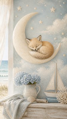 a sleeping baby fox curled on a crescent moon among soft stars, gentle and warm, no text