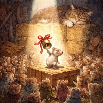 Whimsical Storybook Illustration Style, Warm Color Palette, Soft Textures and Detailed Linework. A wide-angle view of a secret, crowded meeting of dozens of anthropomorphic field mice taking place on an upturned wooden crate in the corner of a cluttered, dusty barn.

The Focal Point (The Plan): In the center of the crate spotlighted by a beam of sunlight coming through a crack in the roof, a small, earnest mouse stands on its hind legs, triumphantly holding aloft a shiny brass sleigh bell tied with a bright red ribbon. The bell looks impossibly large and heavy for the mouse.

The Reaction (The Hesitation): The surrounding crowd of mice is a mix of emotions. Some in the front row are cheering with tiny paws raised. However, many others towards the back are exchanging nervous, sidelong glances, scratching their heads, or looking fearfully over their shoulders.

The Threat (The Reality): In the background, looming massively over the entire scene on top of a high stack of hay bales, a giant, fluffy tabby cat is fast asleep. Though sleeping, its size and sharp claws are evident, casting a shadow over the edge of the meeting area. The contrast between the small, shiny bell and the enormous sleeping predator is central to the image.