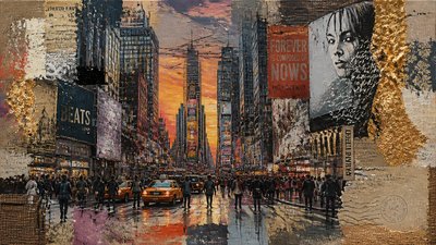 bustling city street panorama at dusk