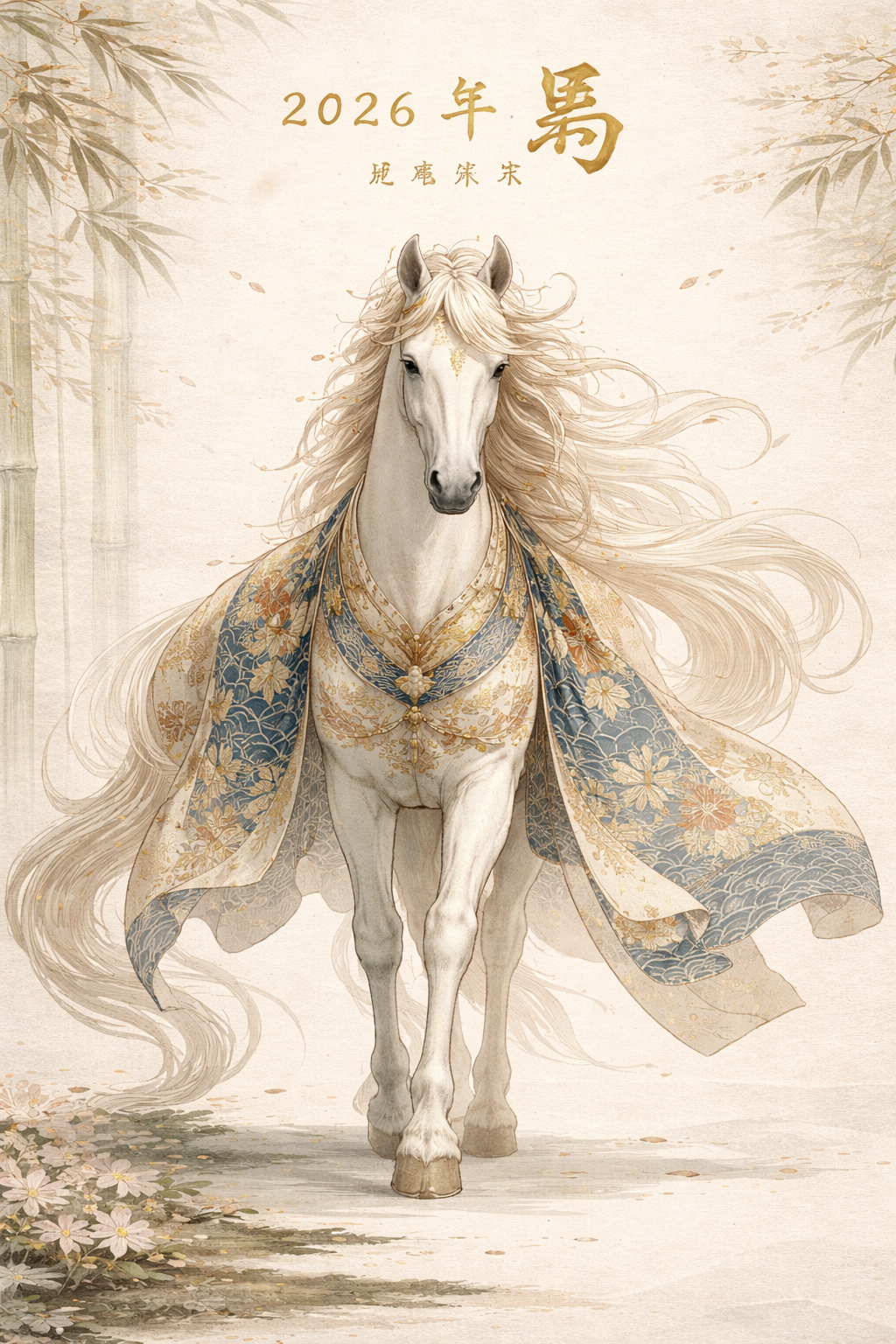 Masterpiece of Japanese fantasy illustration, ultra-detailed, refined high-end aesthetic, majestic horse as a Shōgatsu New Year symbol, complete and graceful form, body adorned with intricate traditional Japanese motifs inspired by kimono textiles and Edo-period patterns, including seigaiha waves, asanoha geometry, and subtle sakura accents, delicate gold leaf and fine metallic ink tracing contours, ultra-fine linework with hand-inked precision, standing against a minimal washi-paper background in soft ivory with muted crimson and ink-black accents, flowing mane and tail with elegant, elongated motion conveying calm strength and forward momentum, mid-shot, front-facing composition, balanced use of negative space, refined textile-like textures, quiet ceremonial atmosphere, 8K resolution, hyper-detailed yet painterly rendering, museum-quality illustration, subtle gold calligraphy text at top reading “2026 年 馬” with a smaller inscription “謹賀新年”, in the style of Japanese ink illustration blended with contemporary fantasy art, delicate line-art, restrained color palette, timeless and elegant