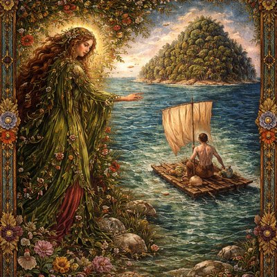 From a little distance, An island goddess spirit robed in green leaves
observes a castaway man sailing a raft towards a larger island in the distance. The goddess spirit looks sad to see him leave and reaches a hand towards him but is unseen

