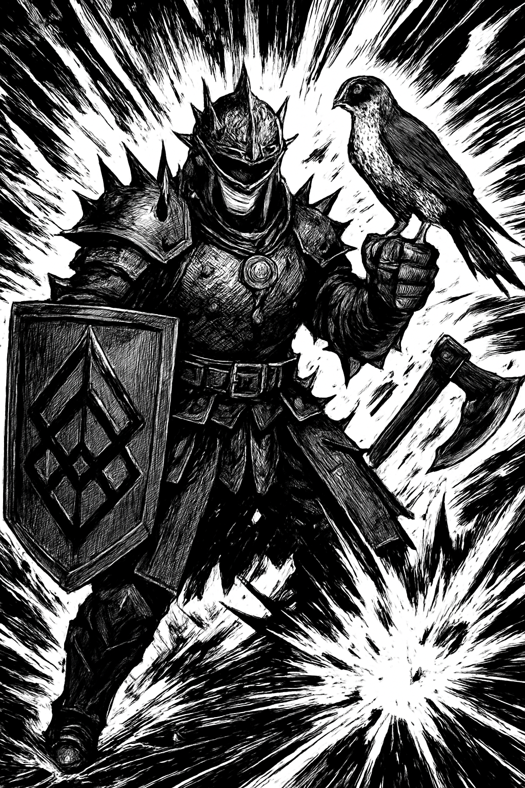 a black and white drawing of a knight holding a sword