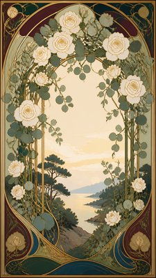 an arch of white roses and eucalyptus in soft morning light, elegant vertical composition with open space, no text
