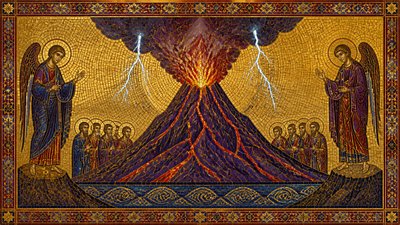 an erupting volcano with lightning strikes, dramatic wide composition, no text