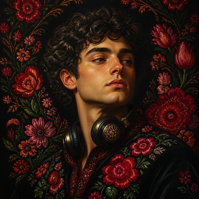 head-and-shoulders portrait of an original character: a young man with curly dark hair and headphones around his neck, plain backdrop, no text
