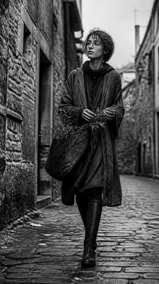 full-body original character: a wandering botanist with a satchel of plants, a patched green cloak, tall boots and round glasses, neutral background