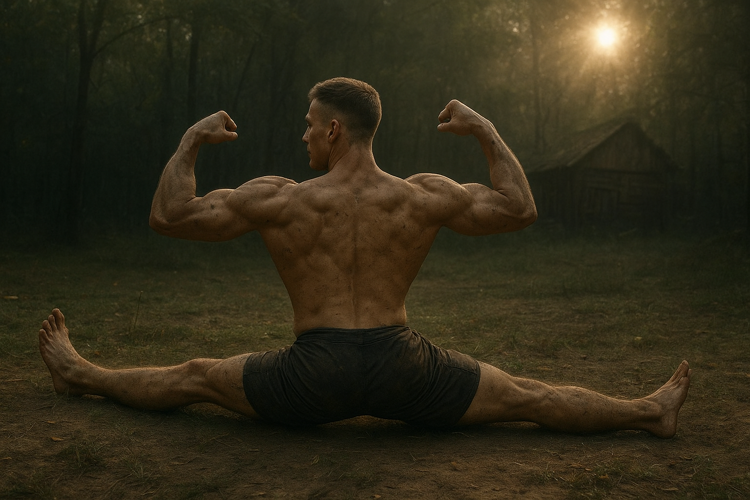 a man sitting on the ground flexing his muscles