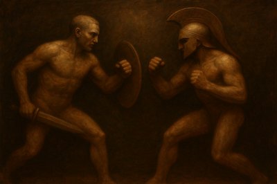 a painting of two naked men holding a mirror