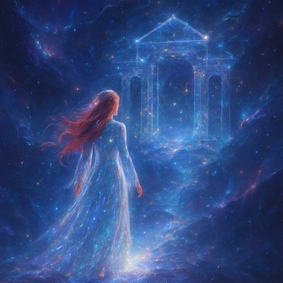 An ethereal and surreal depiction of a figure in a deep dream state, gracefully walking into the heart of the Mountain House constellation, also known as Libra. The figure is a lady with long, flowing red hair, shimmering full length robe  radiating star light. She is stepping off a softly glowing, dream-like pathway or ethereal bridge that extends from a misty, dreamscape foreground into the vastness of space.

    The Mountain House (Libra) constellation is not just stars but appears as a majestic, floating celestial architecture – perhaps as ancient, star-dusted pillars, glowing celestial doorways forming a 'mountain house' structure, built from nebulae and starlight. Within this constellation, gentle cosmic dust, shimmering gas clouds, and distant galaxies are visible, creating a sense of infinite depth.

    The dominant colors are soft blues, purples, and deep indigos of space, interwoven with golden and silver light emanating from the stars and the lady's luminous form and radiant red hair. There's a profound sense of peace, wonder, and weightlessness. The atmosphere is serene and magical, conveying the feeling of transcending physical reality and entering a realm of cosmic balance and ancient wisdom. The artistic style is highly fantastical and painterly, with a focus on glowing effects, subtle transparency, and a dreamlike composition.