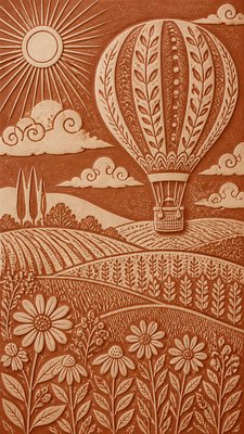 a hot air balloon drifting over rolling flower fields on a sunny day, cheerful, no text